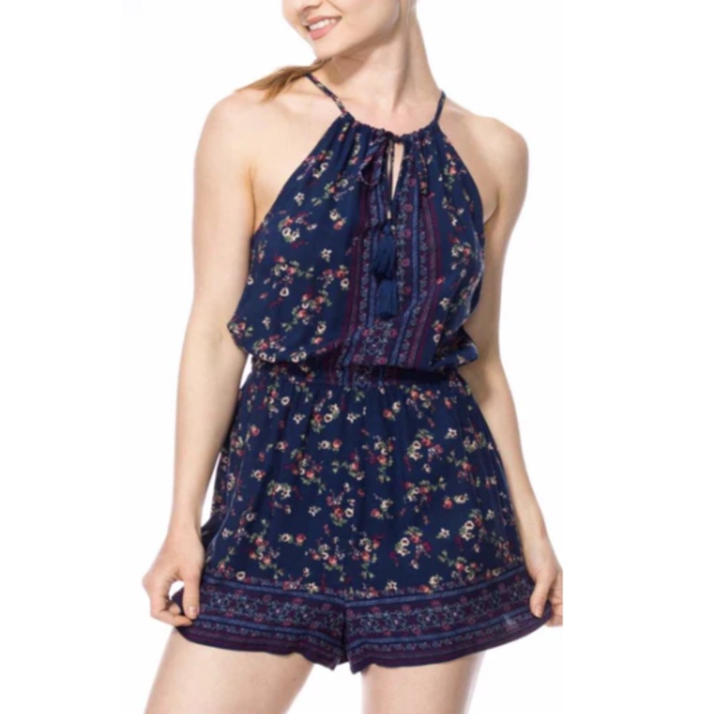 Be Cool Navy Blue Floral Romper with Tassels Size M